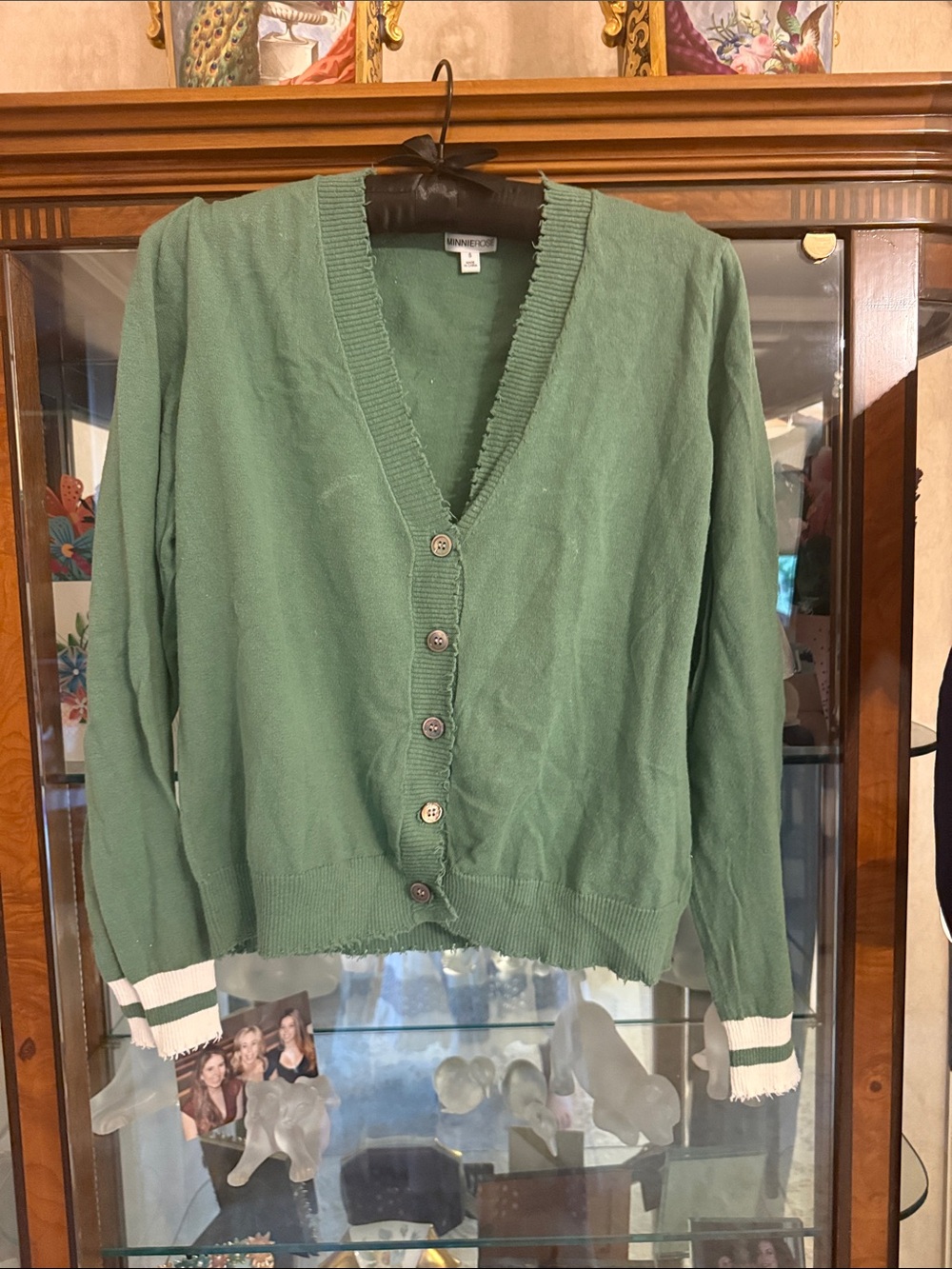 Minnie Rose soft Green Button-Up V-Neck Cardigan with Striped Cuffs